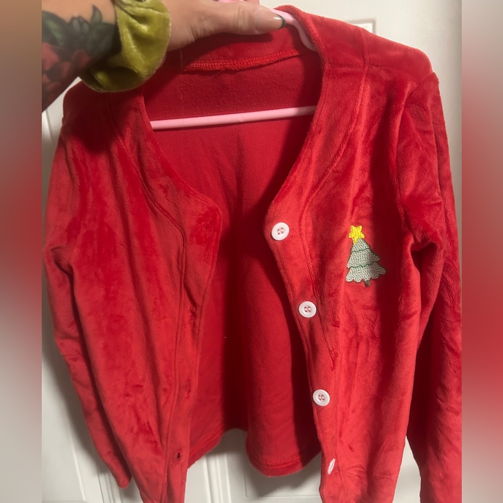 Red Fleece Cardigan with Christmas Tree Embroidery